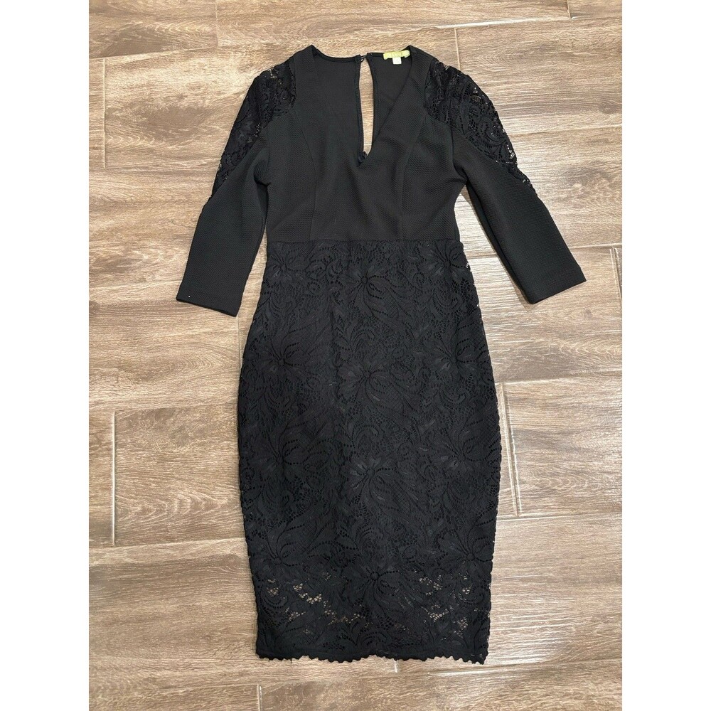 Gianni Bini‎ Women’s Black Lace Midi Cocktail Dress SZ S With Deep V Neck EUC